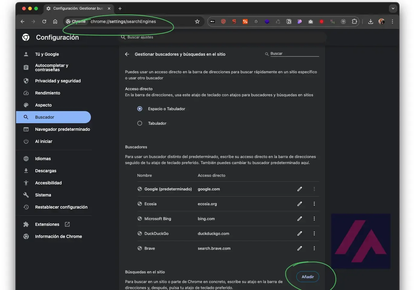 Écran de configuration de Chrome pour ajuster le moteur de recherche par défaut sans SGE.