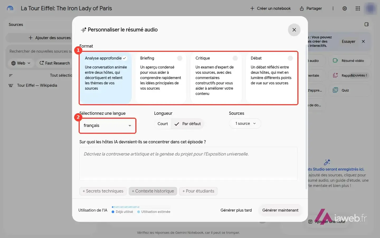 Fenêtre Personnaliser le résumé audio de Gemini Notebook, avec quatre formats (1) et choix de la langue (2)