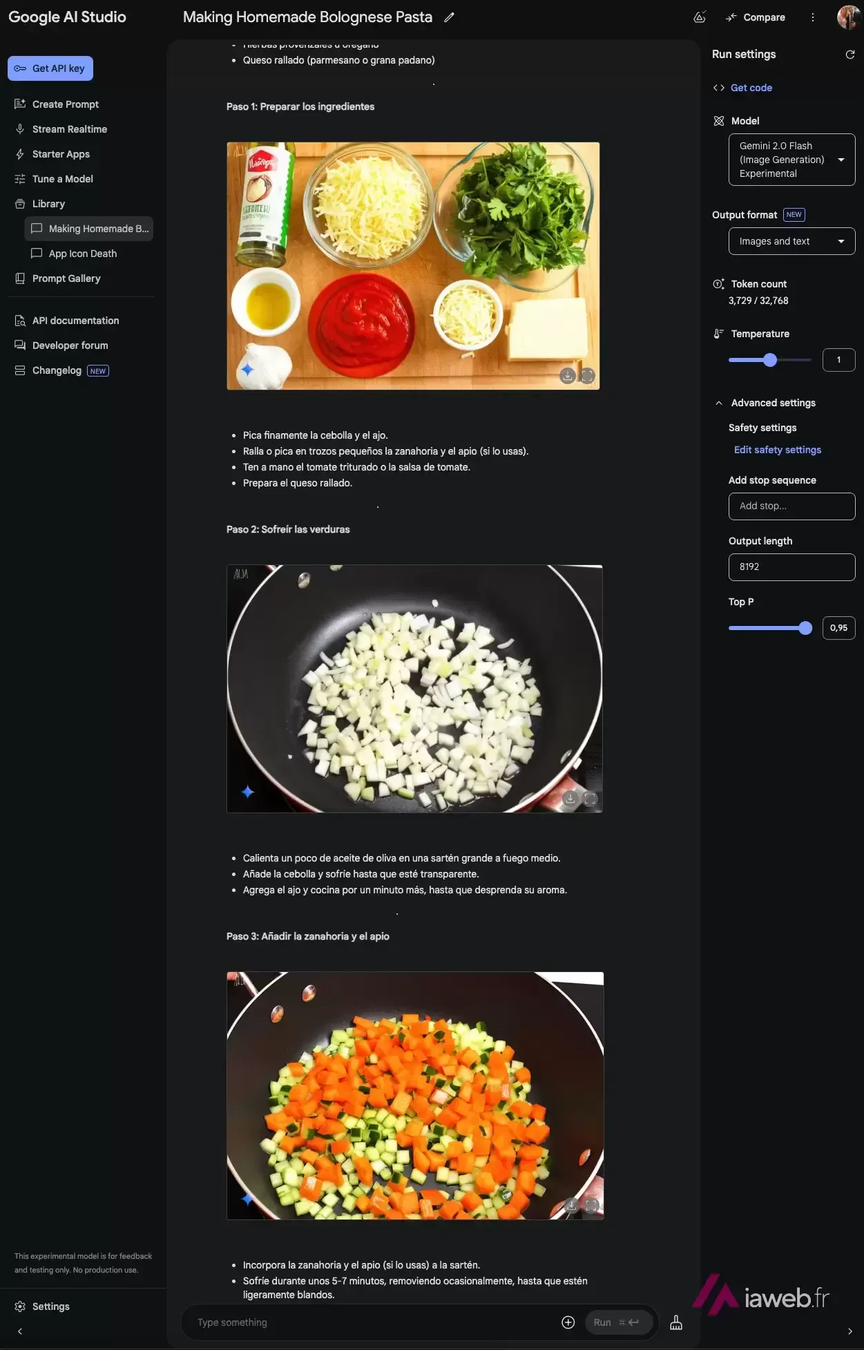 Interface de Google AI Studio avec Gemini 2.0 Flash : une recette de pâtes bolognaises illustrée étape par étape par des images générées