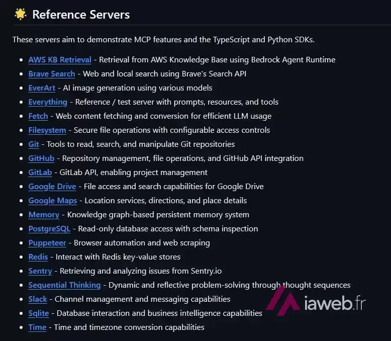 Liste des serveurs de référence MCP — AWS KB Retrieval, Brave Search, Fetch, Git, GitHub, Google Drive, Slack — dans la documentation du protocole