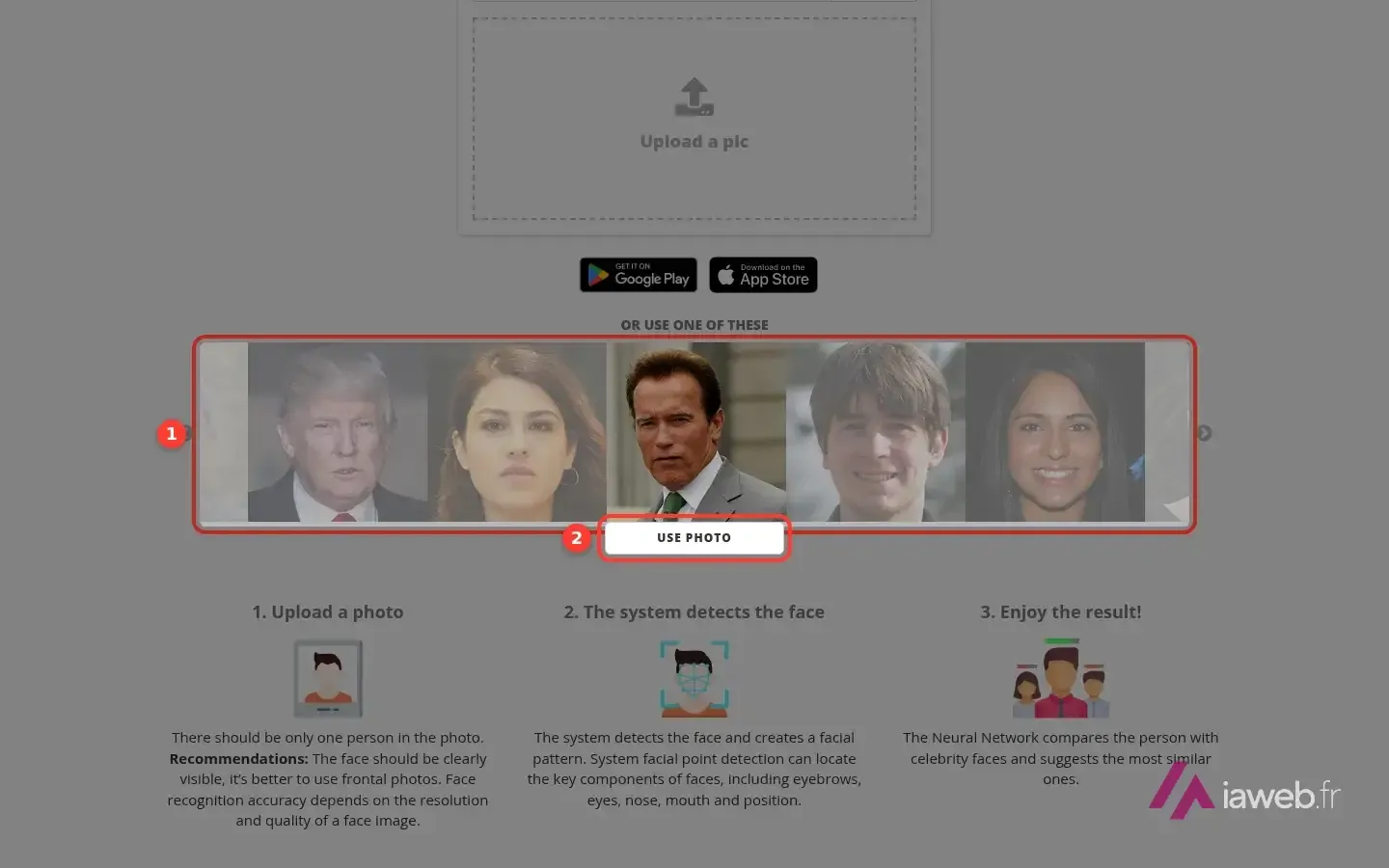 Le carrousel de visages de démonstration et le bouton Use Photo, encadrés en rouge