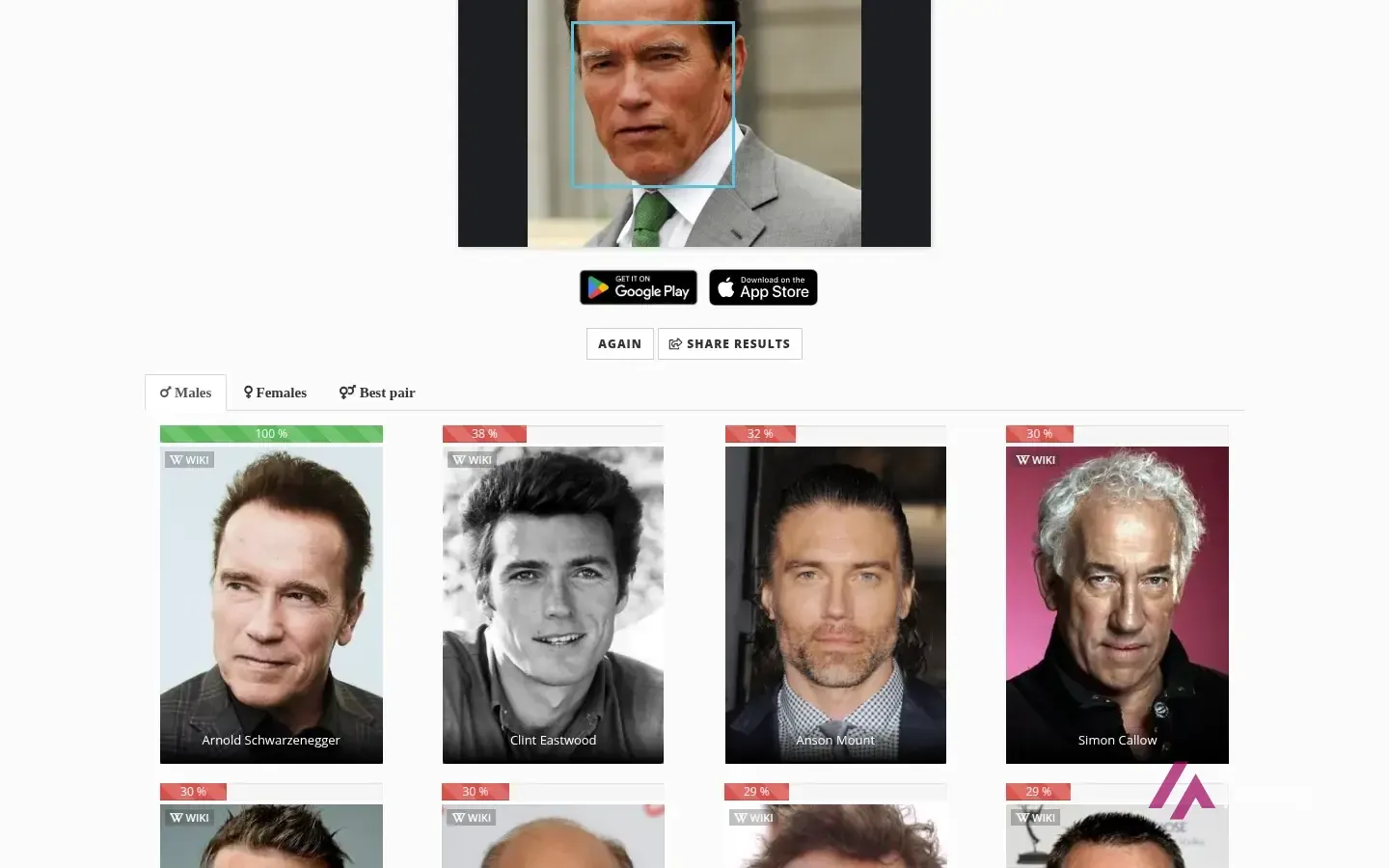 Résultat de StarByFace : le visage détecté et le classement des célébrités avec leur pourcentage