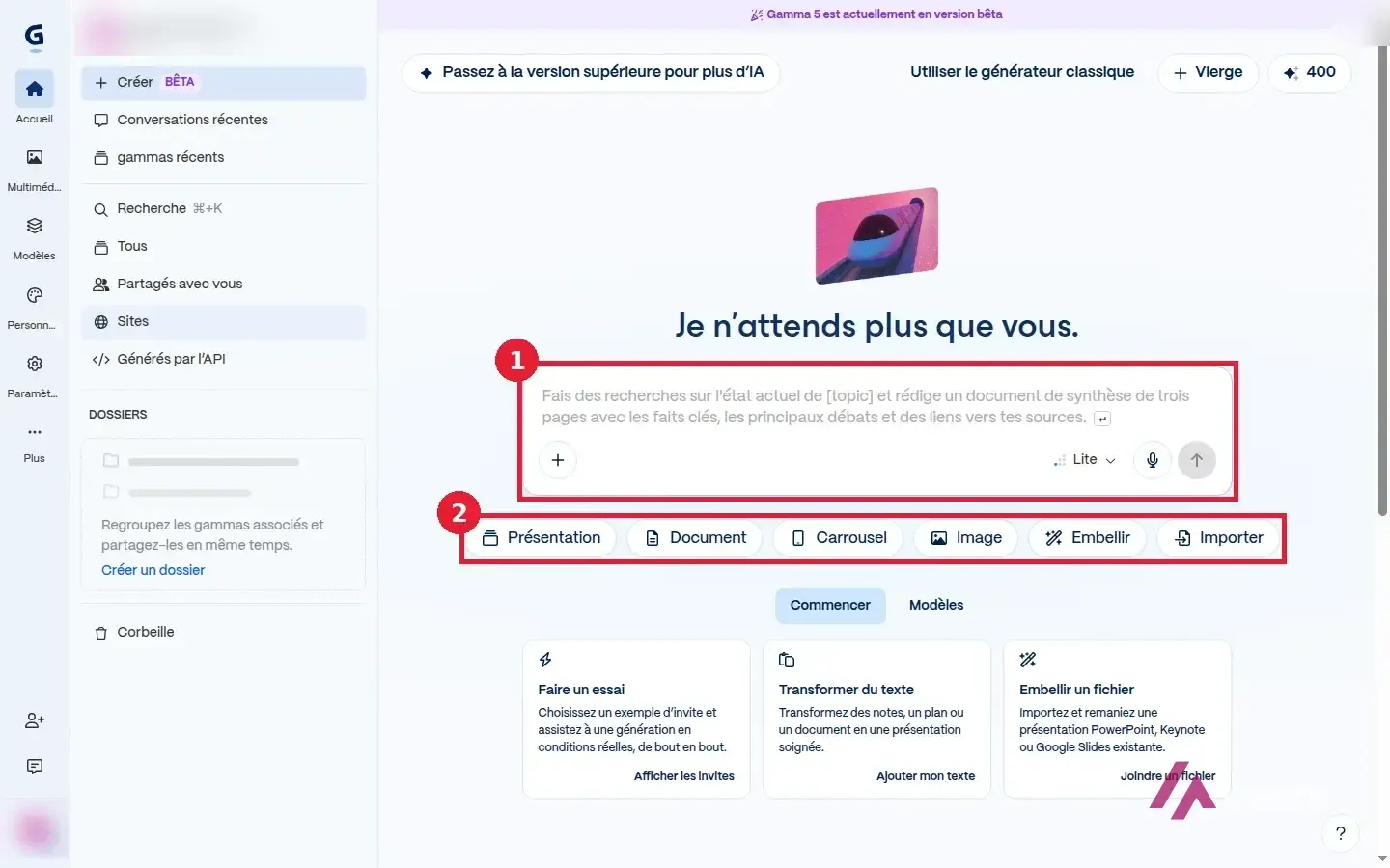 Écran d’accueil de Gamma avec la zone d’invite et les formats Présentation, Document, Carrousel et Image encadrés