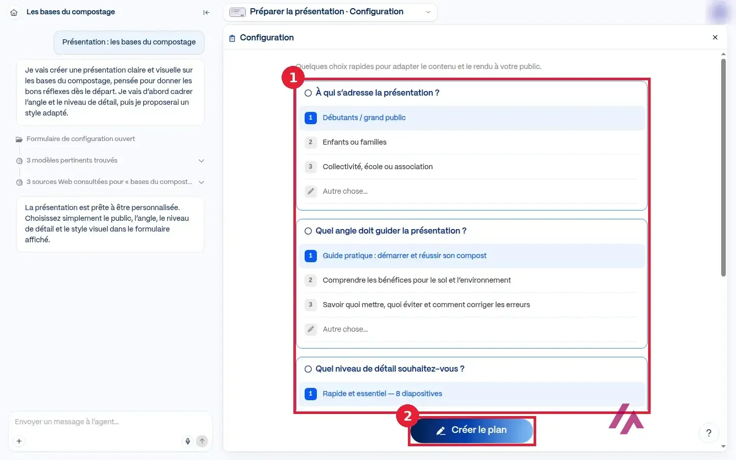 Formulaire de configuration de l’agent Gamma : public, angle, nombre de diapositives et bouton « Créer le plan »