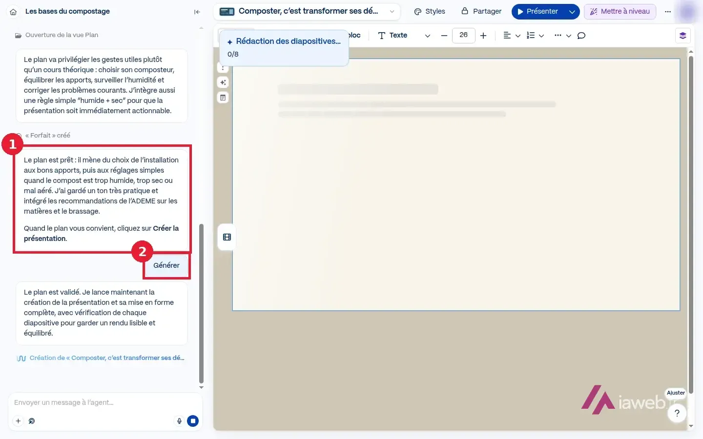 Plan proposé par l’agent de Gamma et bouton « Générer » encadrés