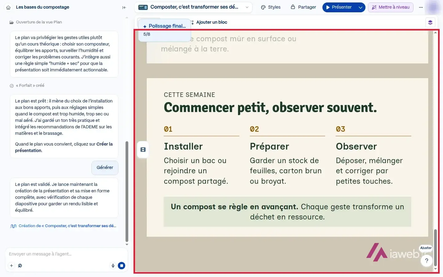Diapositive générée par Gamma sur le compostage : « Commencer petit, observer souvent »