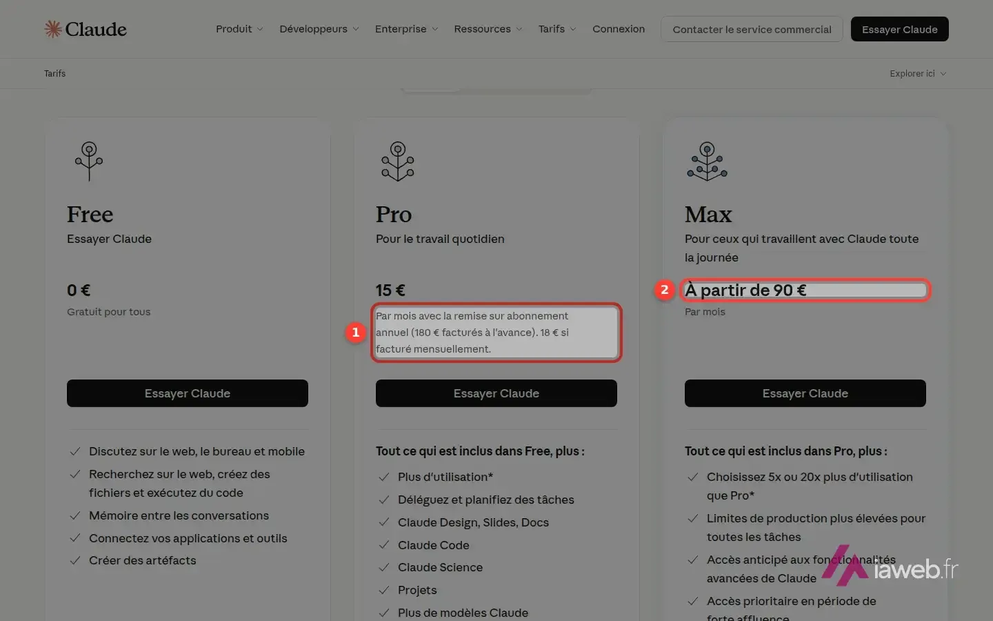 Page des tarifs de Claude en euros, avec le prix de Pro et celui de Max encadrés