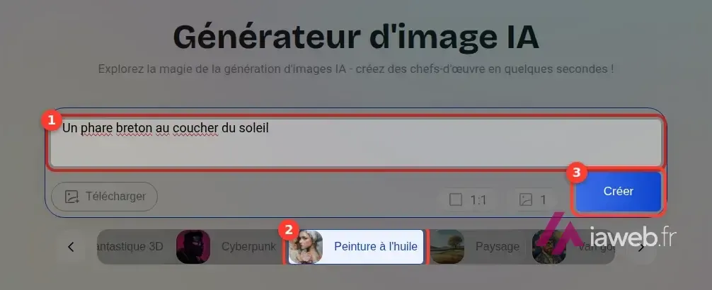 Générateur d’image IA d’Artguru avec la consigne, le style « Peinture à l’huile » et le bouton « Créer » encadrés
