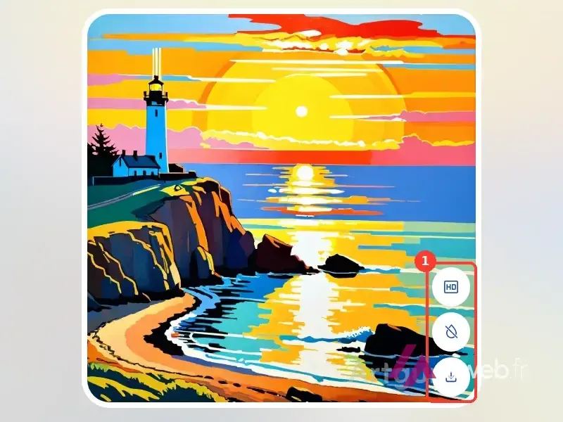 Phare breton au coucher du soleil généré par Artguru dans le style « Peinture à l’huile », avec les boutons HD, filigrane et téléchargement encadrés