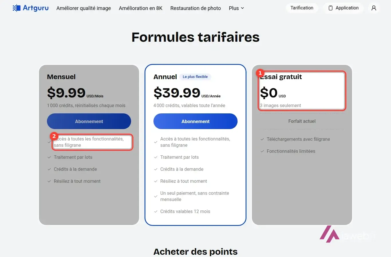 Fenêtre des tarifs d’Artguru avec l’essai gratuit « 3 images seulement » et la mention « sans filigrane » de la formule mensuelle encadrés