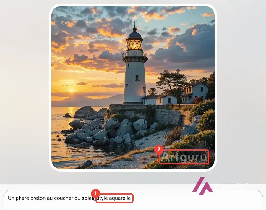 Image générée par Artguru : phare photoréaliste au coucher du soleil, alors que la consigne demandait « style aquarelle », avec le filigrane Artguru encadré
