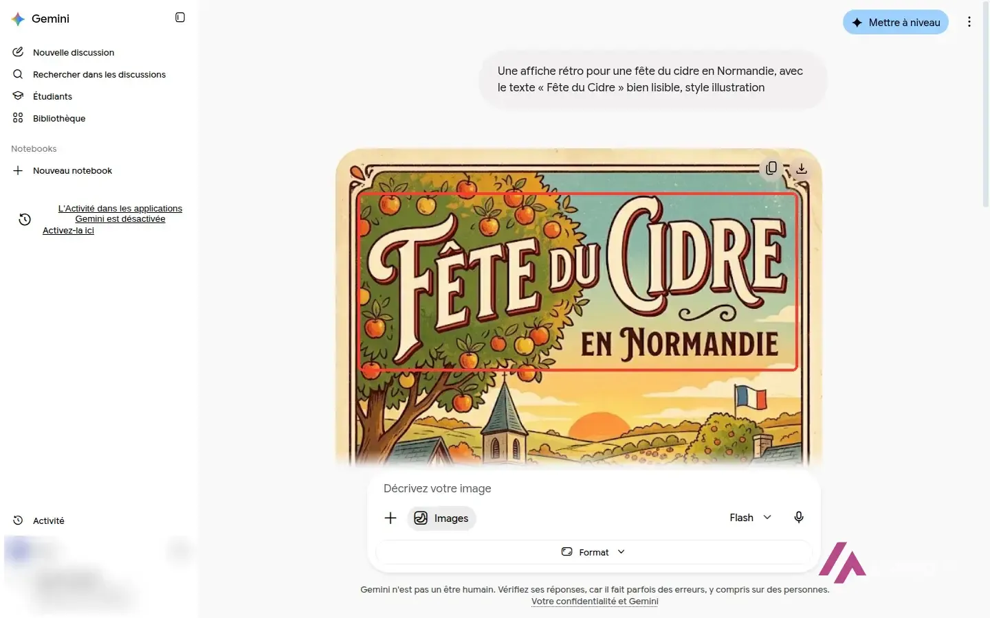 Affiche rétro générée par Nano Banana dans Gemini, avec le titre « Fête du Cidre en Normandie » parfaitement lisible