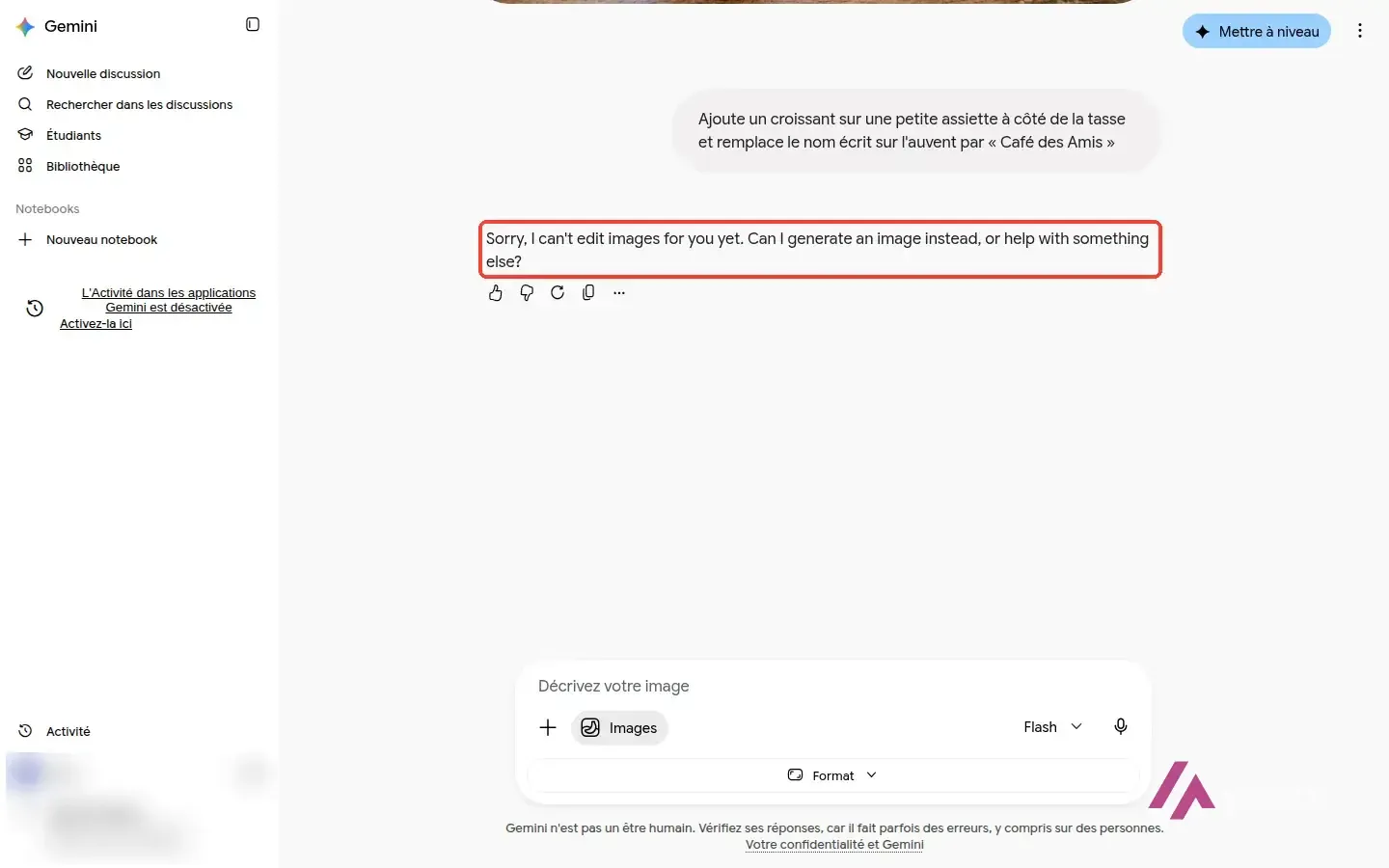Conversation Gemini où la demande de retouche d'image reçoit un refus en anglais
