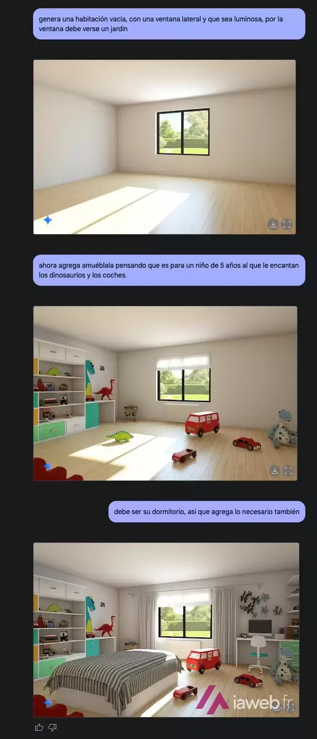 Conversation avec une IA générative : à partir des consignes de l'utilisateur, une pièce vide devient une chambre d'enfant meublée en trois images