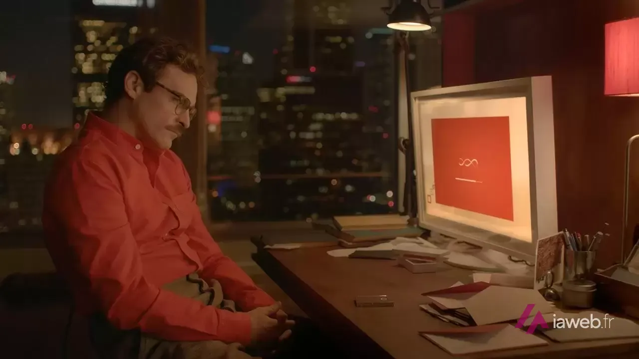 Scène du film Her : un homme assis à son bureau la nuit, face à l'écran orange de son assistant vocal