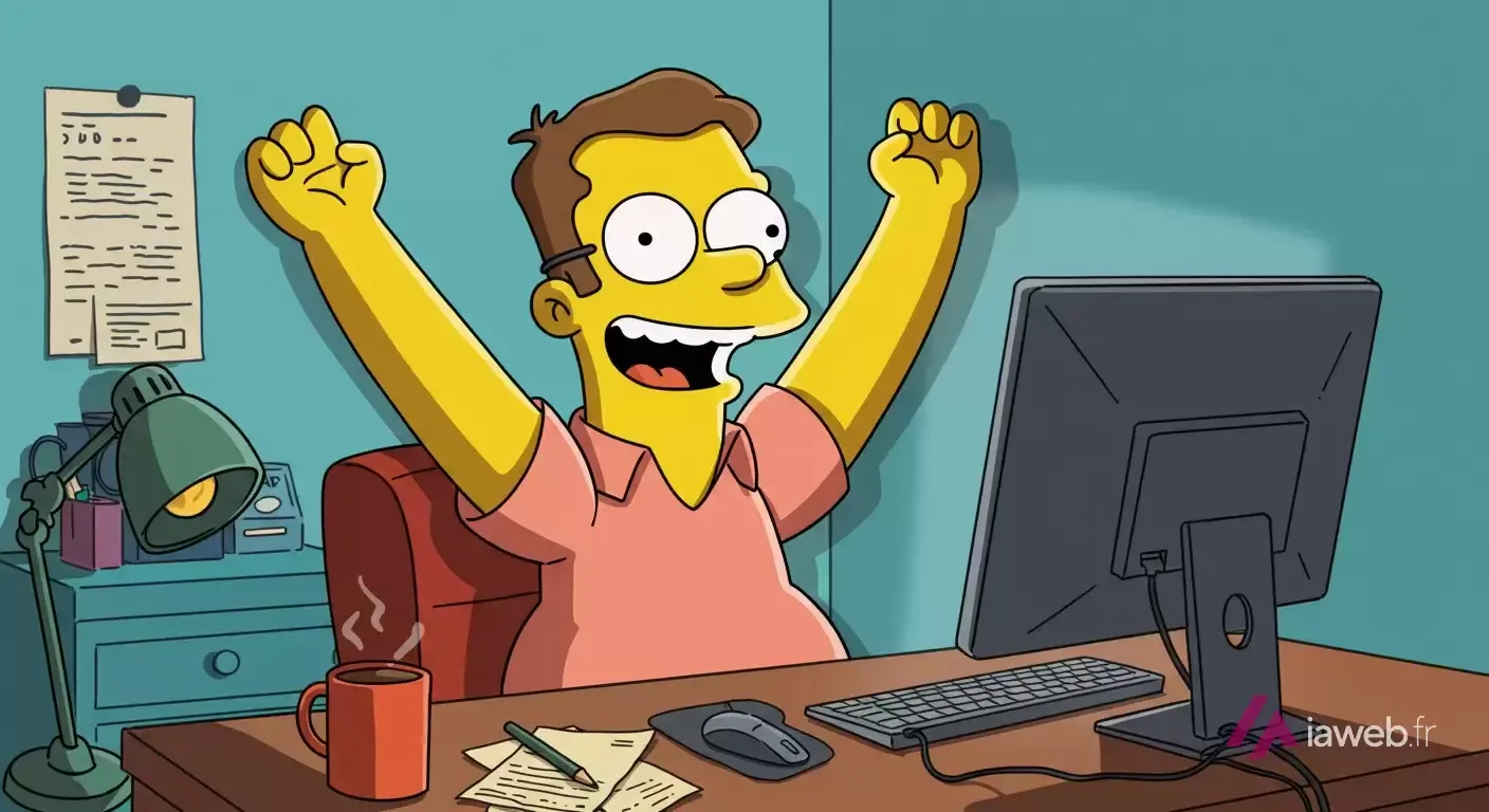 Personnage de dessin animé qui lève les bras de joie devant l'écran de son ordinateur, à son bureau