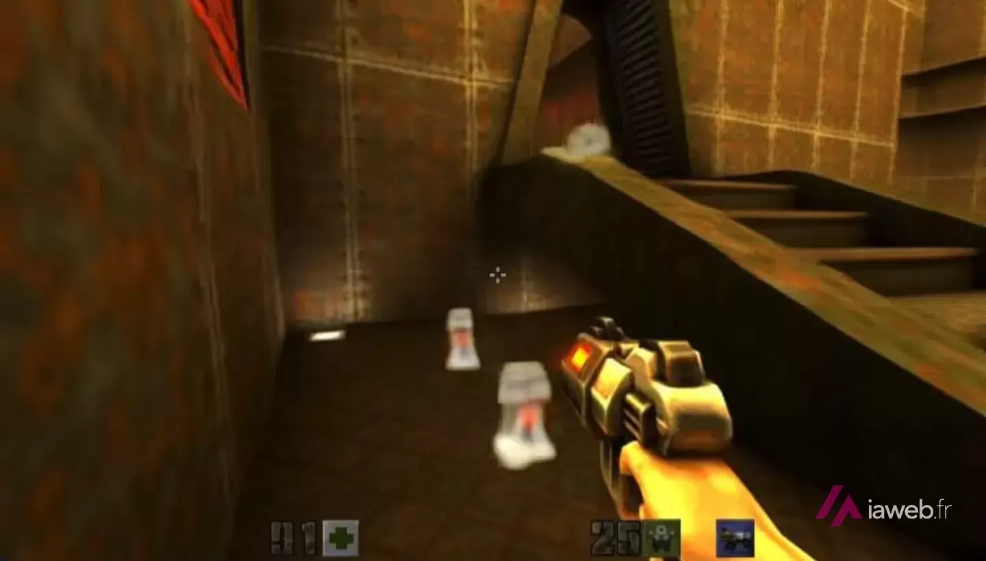 Capture de Quake II en vue subjective : couloir métallique, arme au premier plan et compteurs de munitions en bas de l'écran