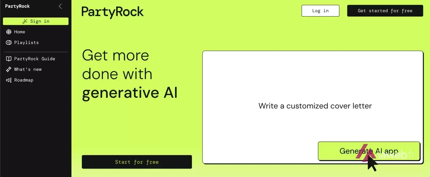 Page d'accueil de PartyRock d'AWS : le prompt « Write a customized cover letter » et le bouton Generate AI app