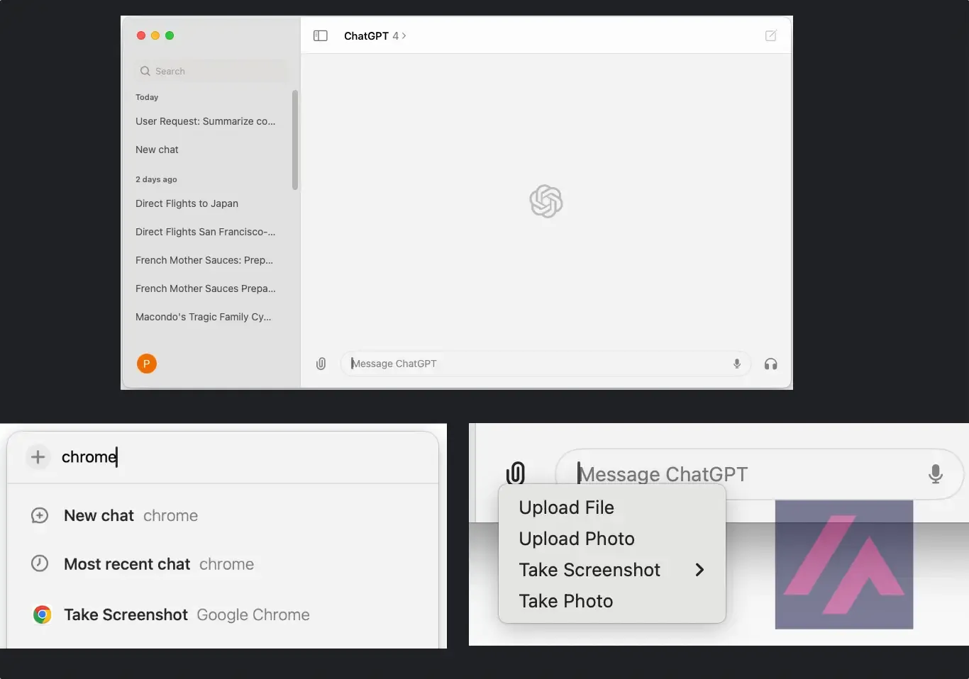 Différentes captures d'écran de l'application de bureau ChatGPT sur Mac