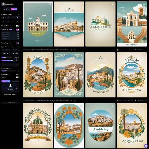 Interface utilisateur Leonardo avec différents logos générés.
