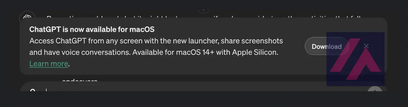 Message Popup annonçant la disponibilité du téléchargement pour ChatGPT de bureau sur Mac.